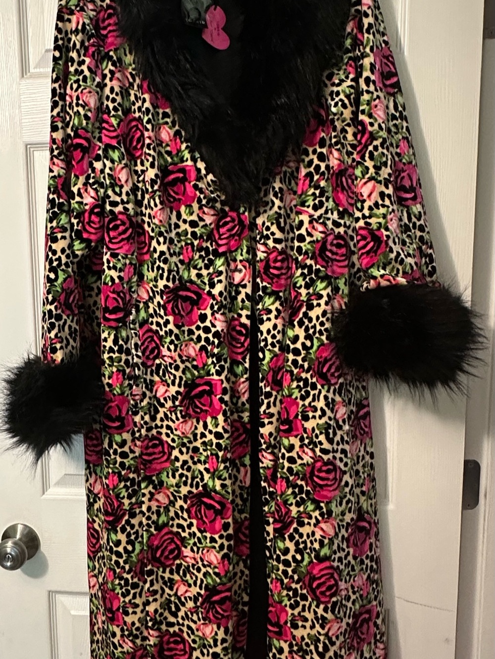 Betsey Johnson for Torrid velour/velvet faux fur leopard floral rose coat